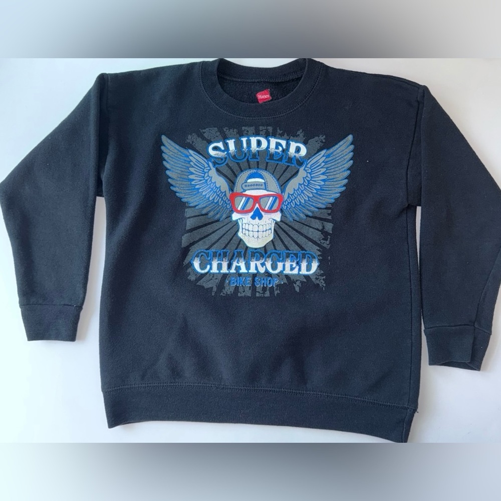 Boys SWEATSHIRT Hanes BLACK Skulls Wings SUPER CHARGED BIKE SHOP XS 4-5